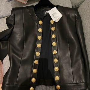 Balmain Collarless leather jacket